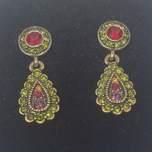 Heidi Daus Green Red Crystal Teardrop Dangle Earrings
